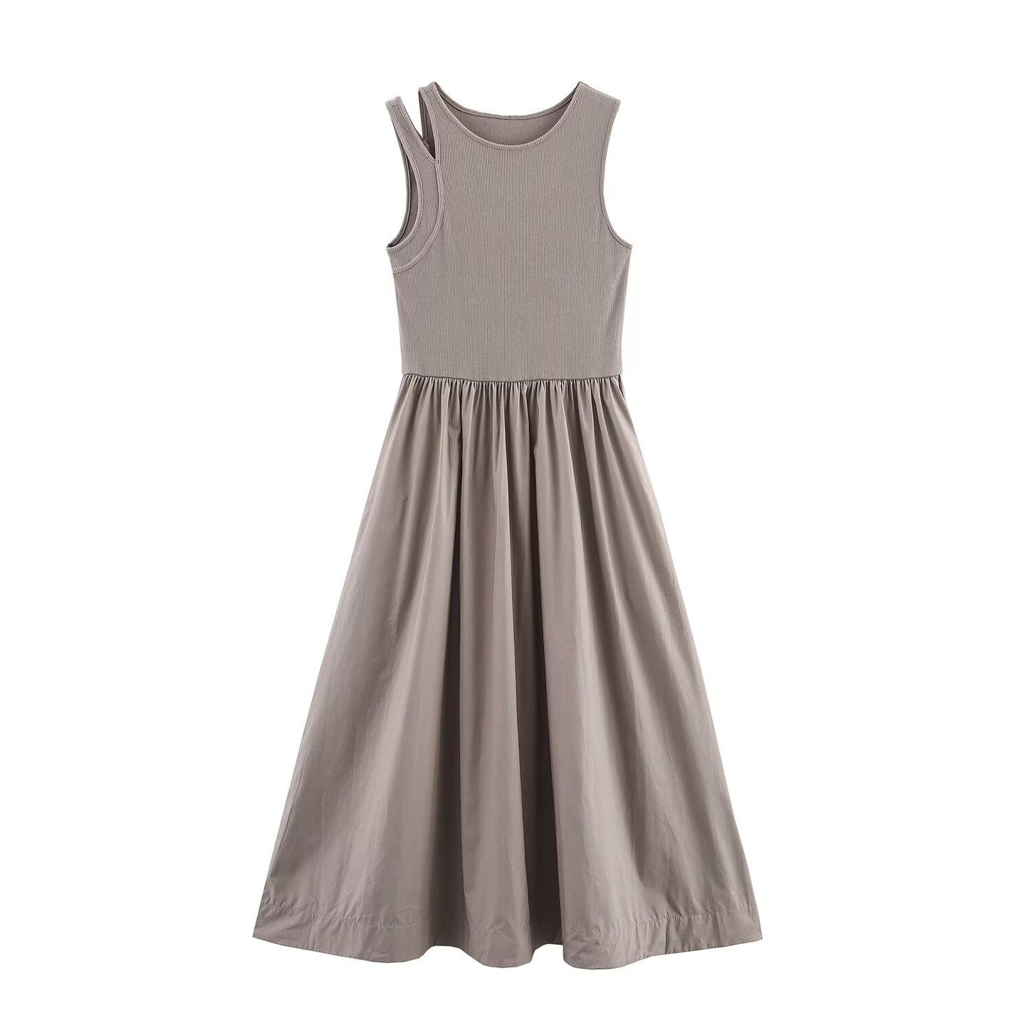 Women's new fashion elastic slim O-Neck sleeveless wide pleated MIDI dress