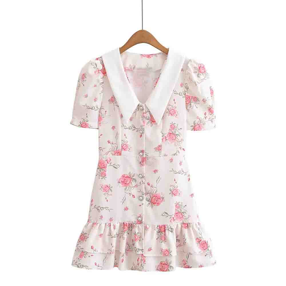 Women's Sweet Fashion Bubble Short Sleeve Flower Printed Mini Dress
