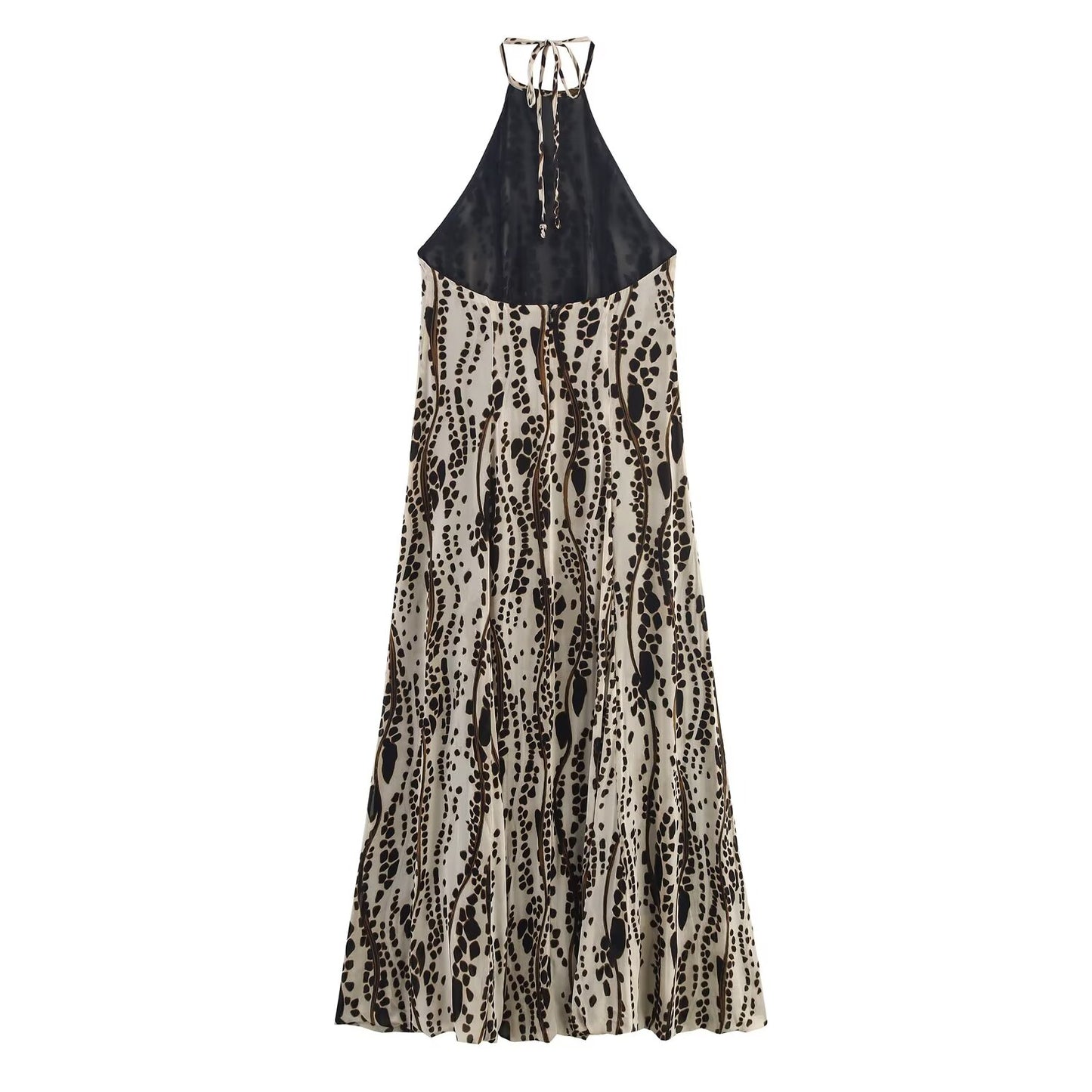 Women's summer fashion backless printed hanging neck MIDI dress