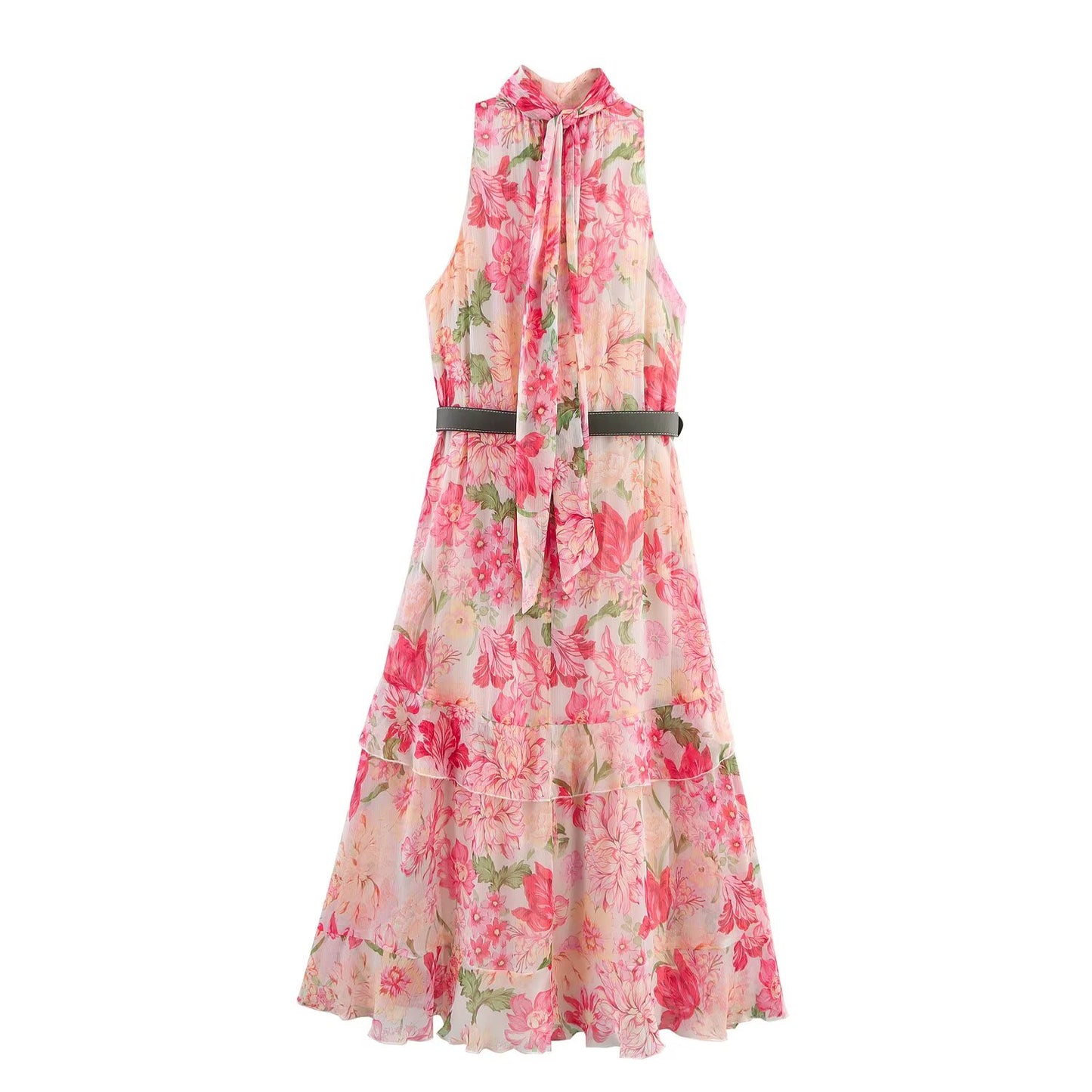 Women's' New Fashion With Belt Sleeveless Flower Printed Midi Dress