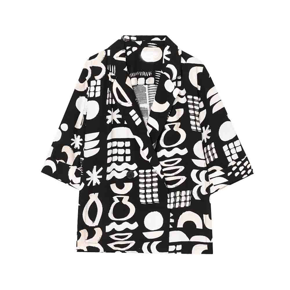 Ladies' new fashion double breasted printed suit jacket vintage short sleeved women's jacket chic top+Pants Women's suit