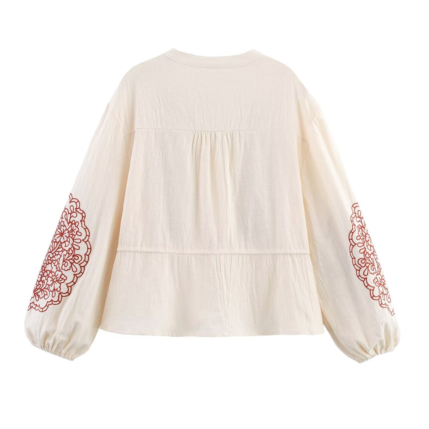 Ladies' 2025 new fashion loose lace up casual long sleeved embroidered shirt