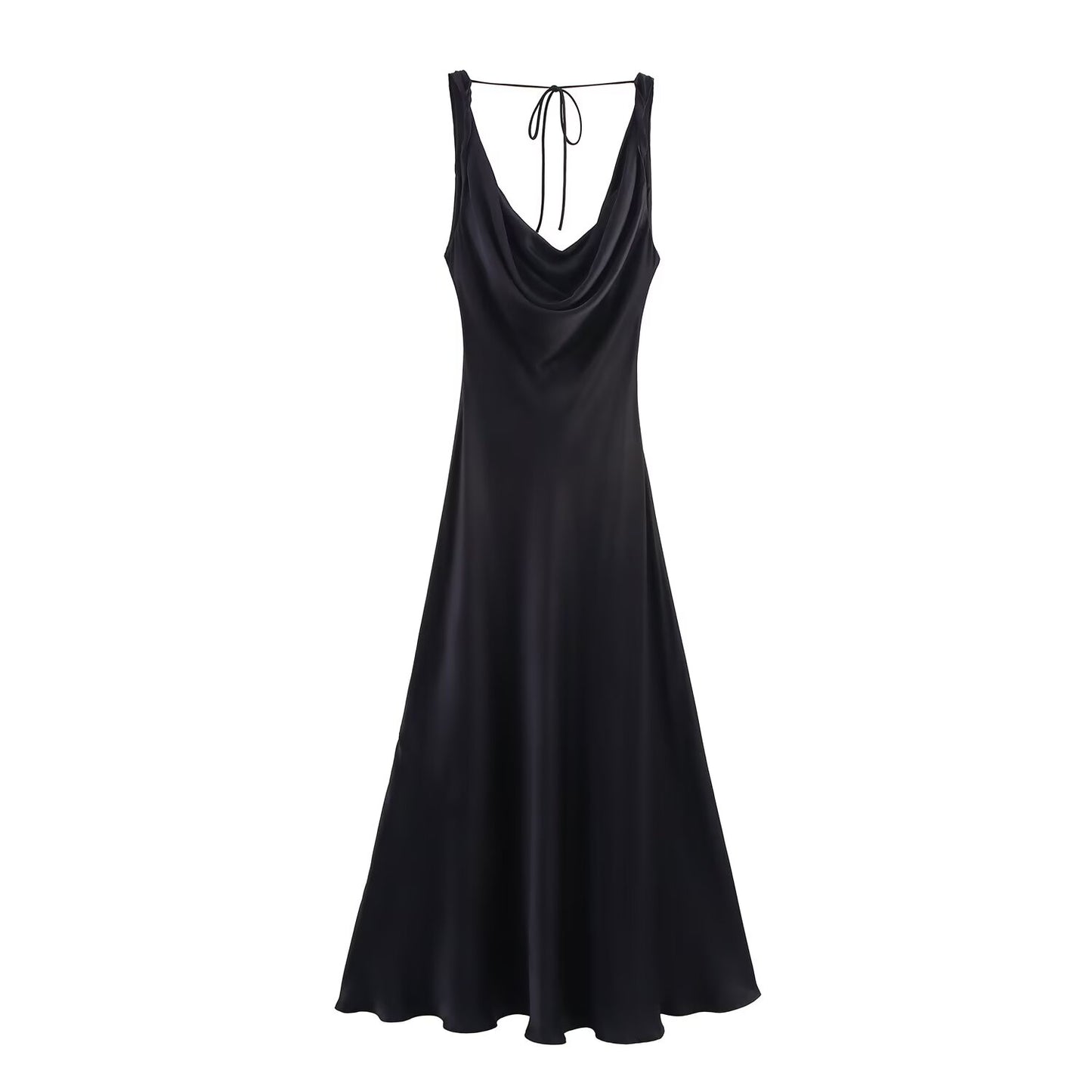 Women's' New Fashion black slim satin texture draped suspender MIDI dress
