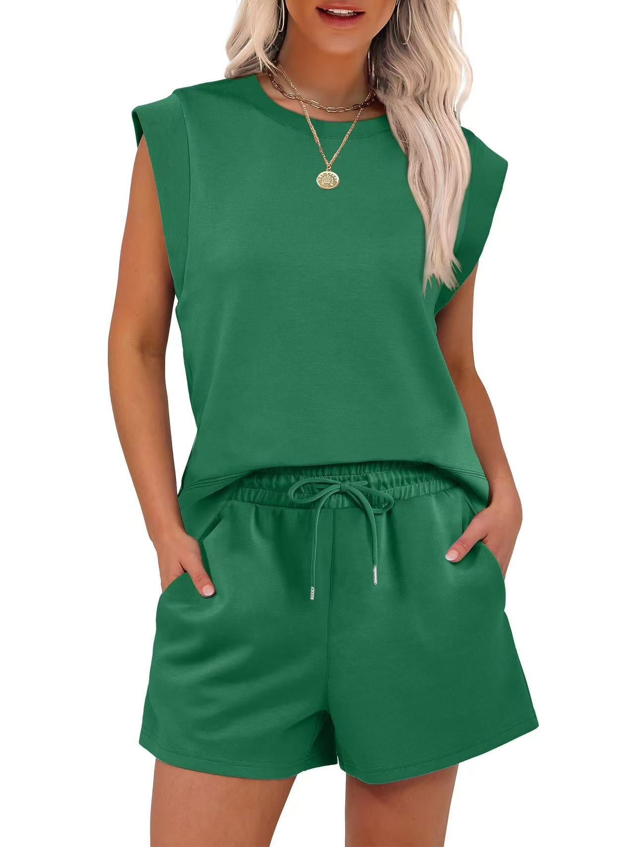 Women's Summer 2-piece Suit with Round Neck Cover Sleeve Top and Pocket Shorts Suit