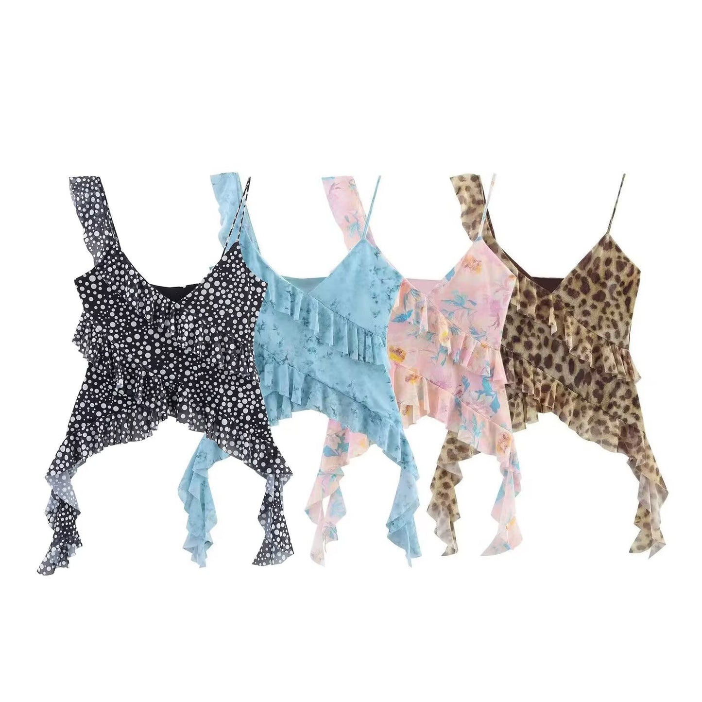 Women's' new fashion layered decoration polka dot printed suspender top