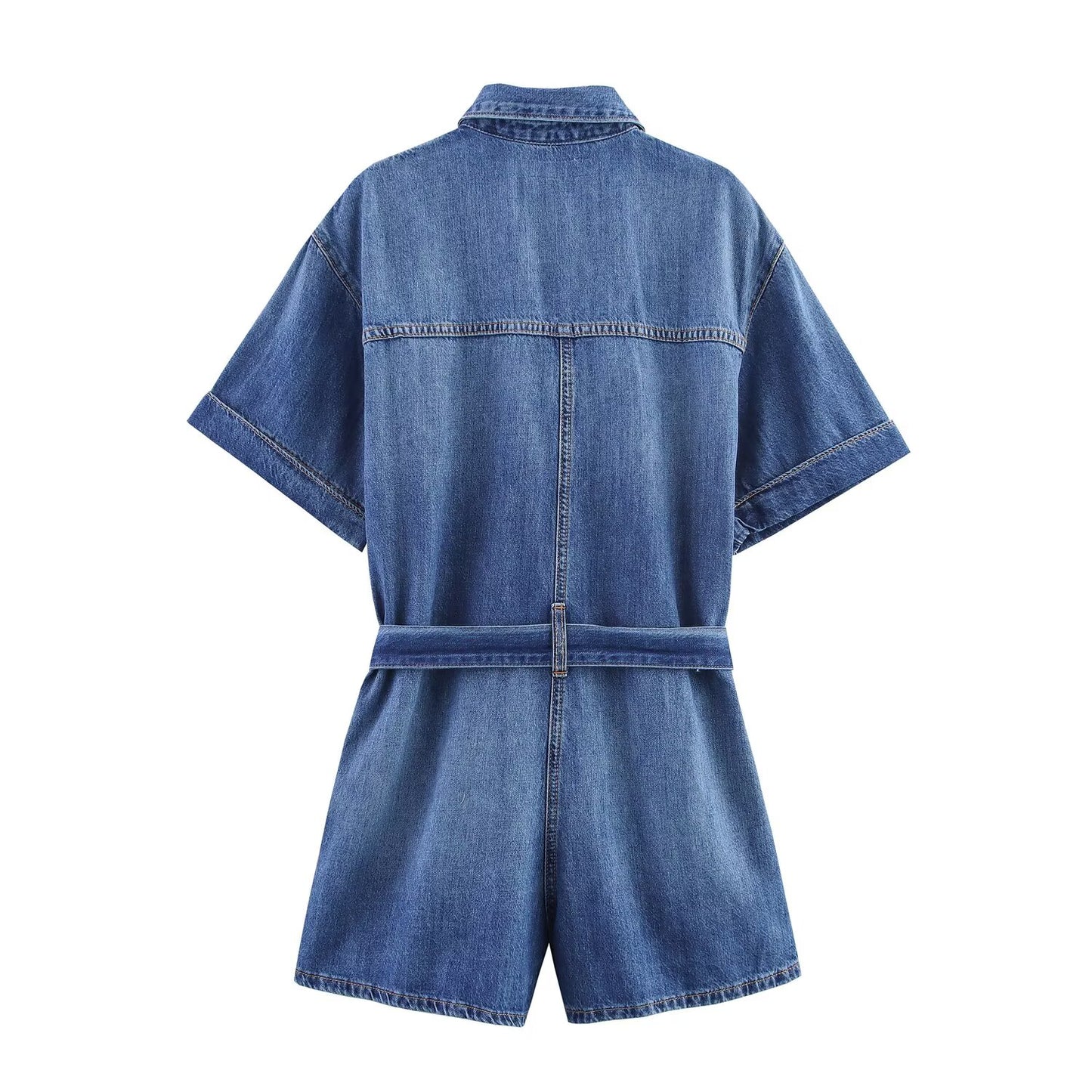 Women's' New Fashion with Belt casual single breasted denim short jumpsuit