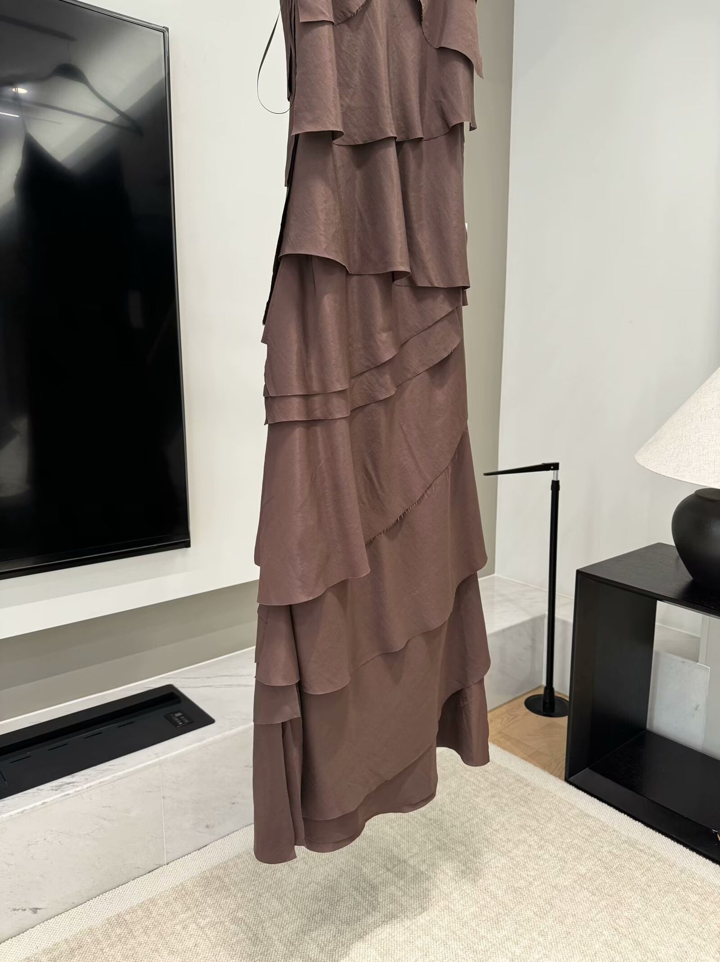 Ladies' new fashion layered decoration sleeveless V-neck suspender MIDI dress