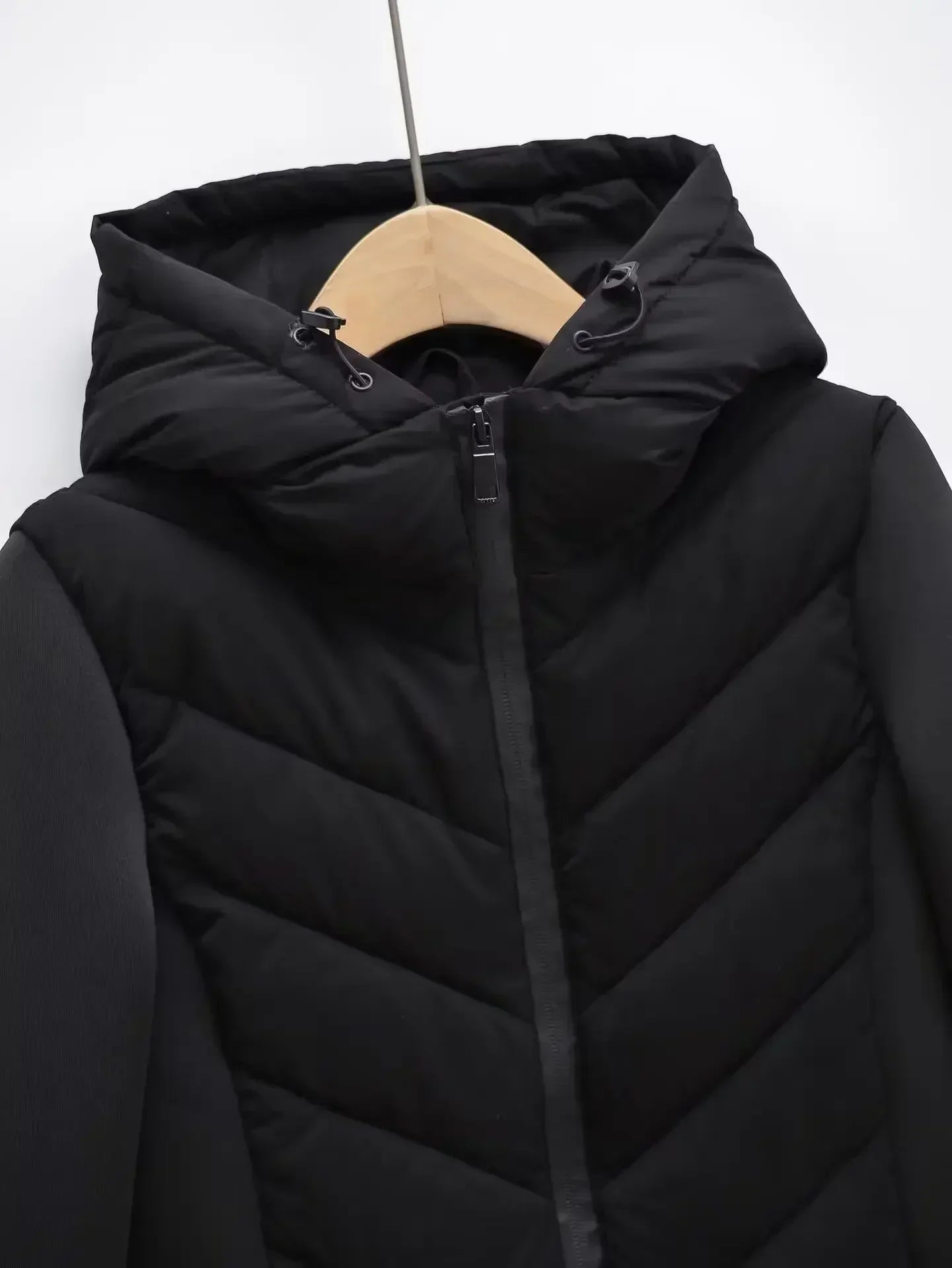 Women's winter new fashion black stand collar hooded patchwork cotton Coat retro long sleeved zipper women's jacket chic top