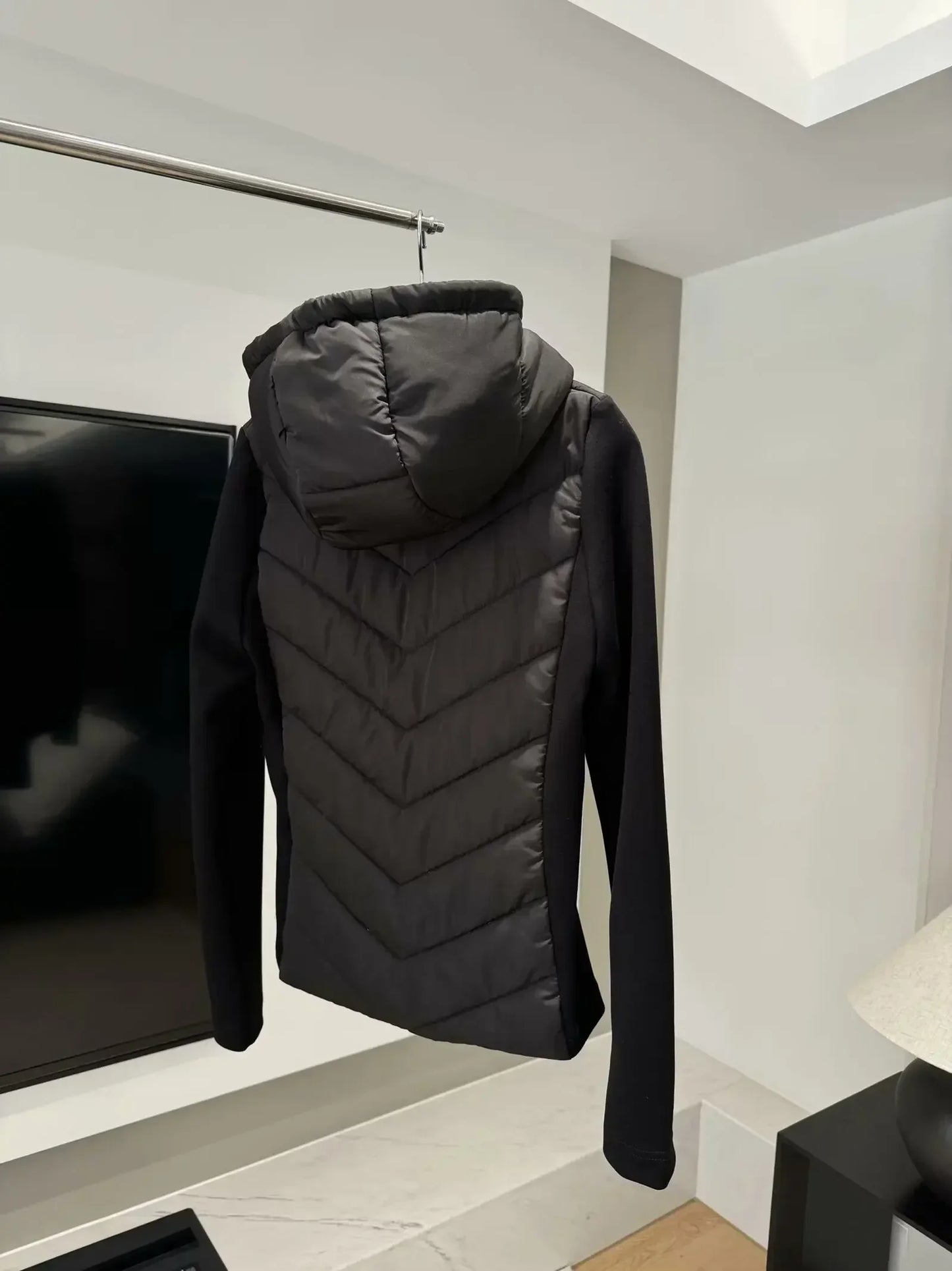 Women's 2024 New Fashion with Pocket Black Splicing Hooded Cotton Jacket Coat Retro Long Sleeve Zipper Women's Coat Chic Top