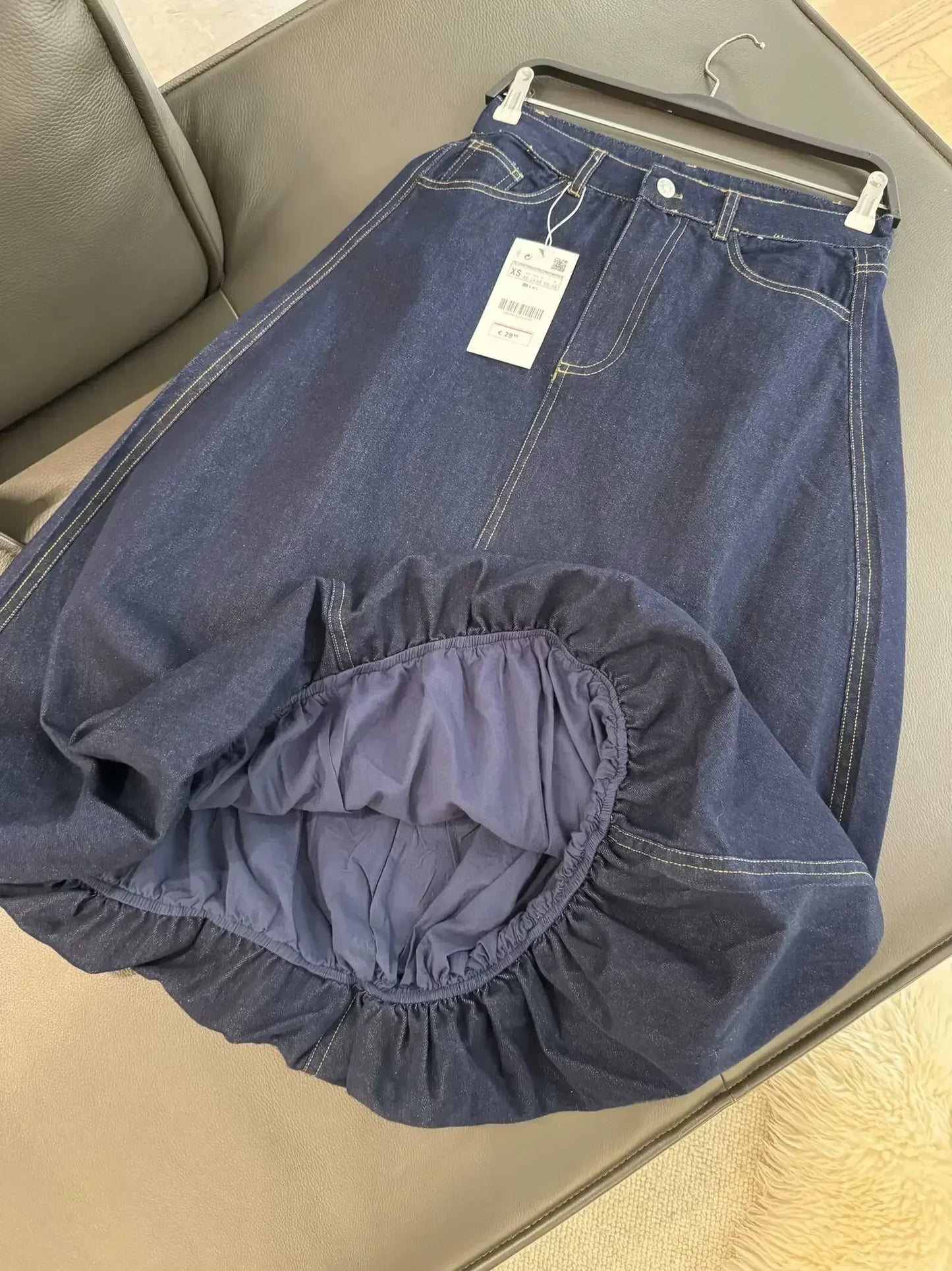 Women's new fashion balloon version casual side pocket versatile denim Midi skirt retro high waisted zipper women's skirt Mujer