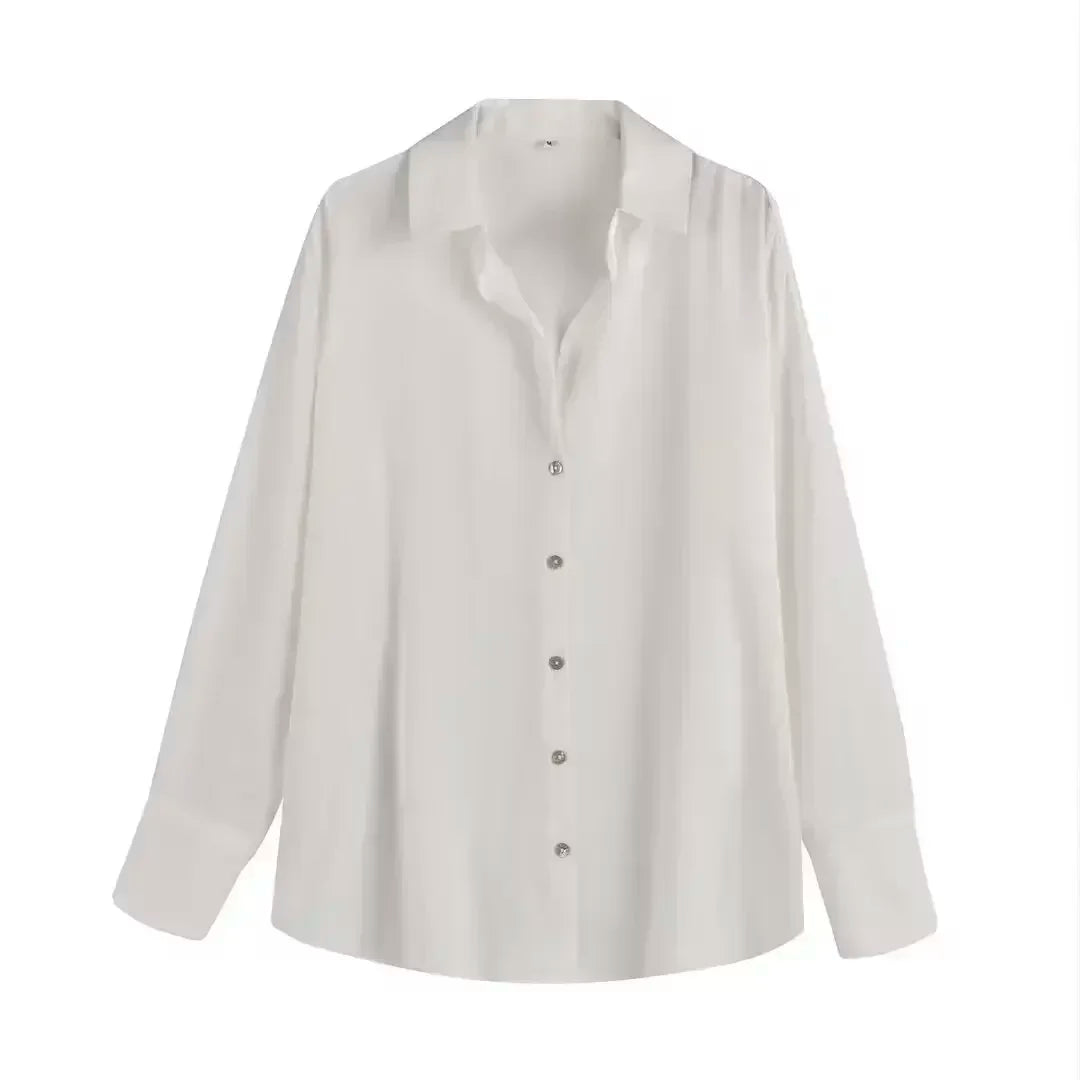 Women's 2024 new fashion multi-color loose satin shirt casual Lapel shirt retro long sleeved button up women's shirt chic top