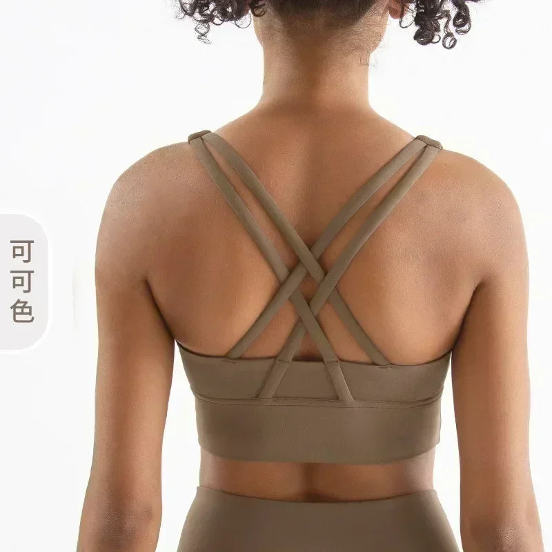 Yoga New Double-sided Sanding Cross Back Sports Bra Shockproof Gathered Yoga Bra Fitness.
