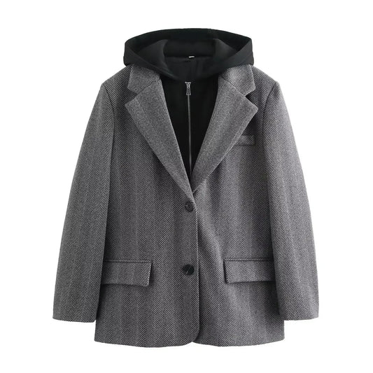 Ladies' new fashion flip design casual hooded patchwork herringbone diagonal suit coat retro long sleeved women's coat chic top