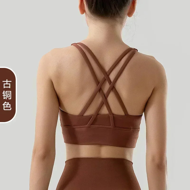 Yoga New Double-sided Sanding Cross Back Sports Bra Shockproof Gathered Yoga Bra Fitness.