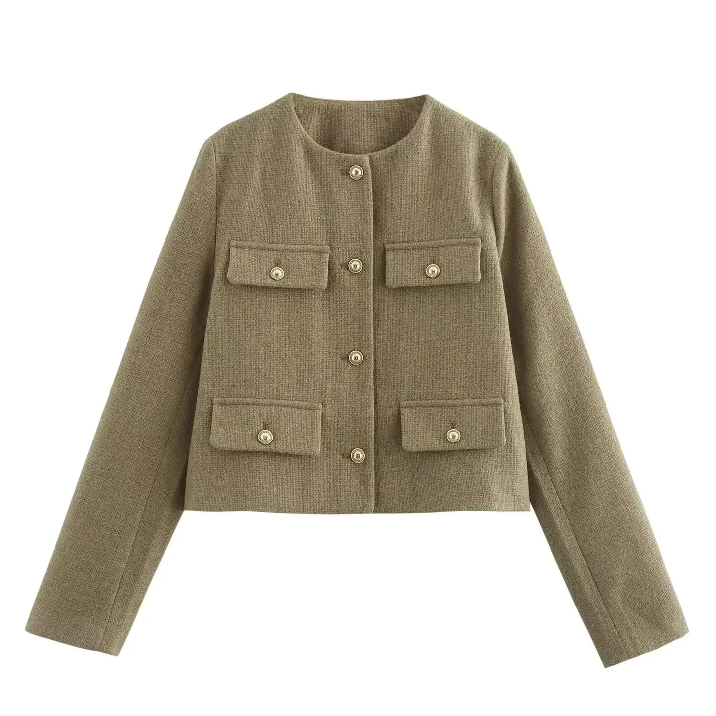 Women's new Fashion gold button flip decoration casual short O-Neck suit jacket coat retro long sleeved women's Coat chic top