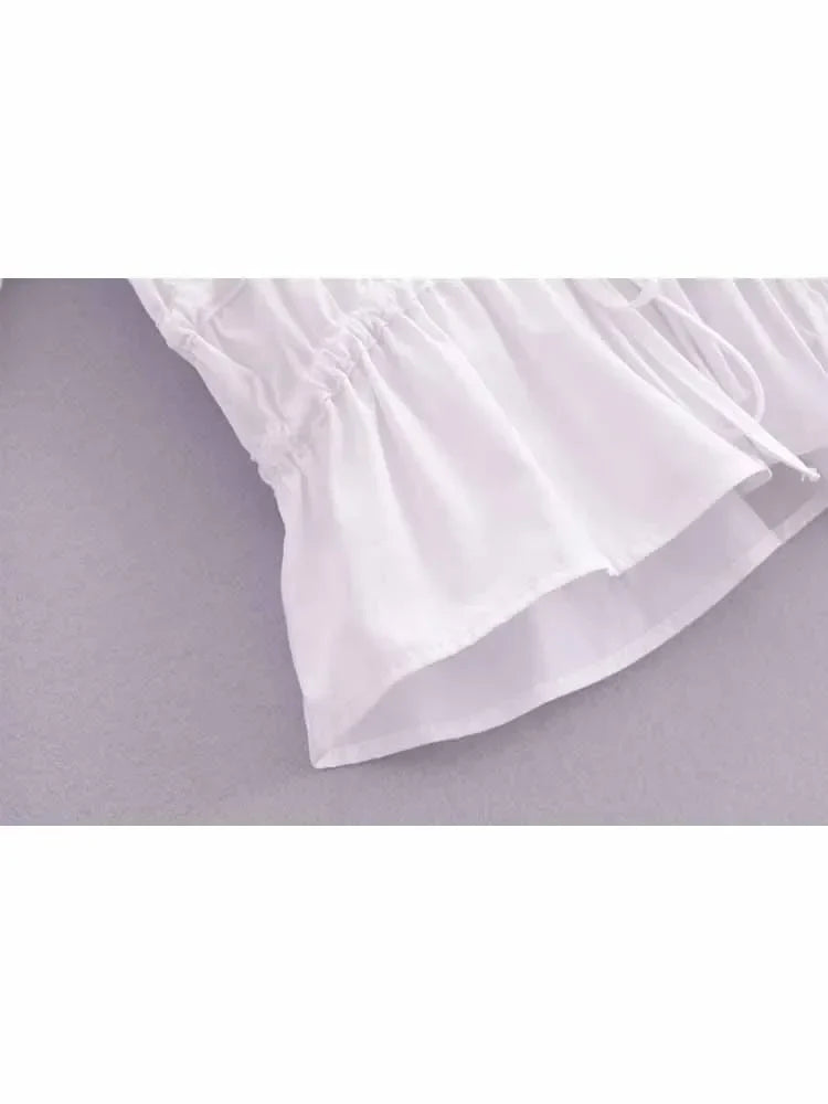 Women's new fashion trench fabric slim short pleated V-neck shirt retro long sleeved Lace up women's shirt chic top