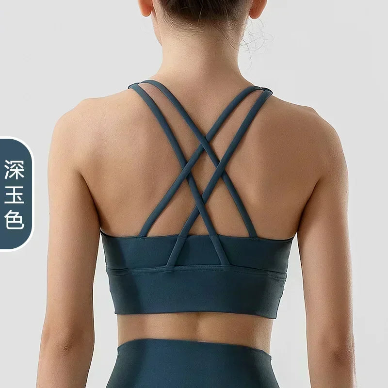 Yoga New Double-sided Sanding Cross Back Sports Bra Shockproof Gathered Yoga Bra Fitness.