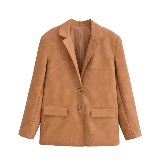 Ladies' new fashion flip decoration casual single breasted faux leather suit jacket coat retro long sleeved Female coat chic top