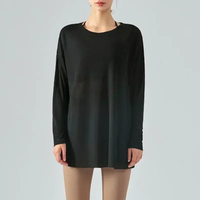 LU Women's New One-sided Split Long-sleeved Yoga Blouses Women's Summer Light Sports Tops Loose Running Fitness Clothes