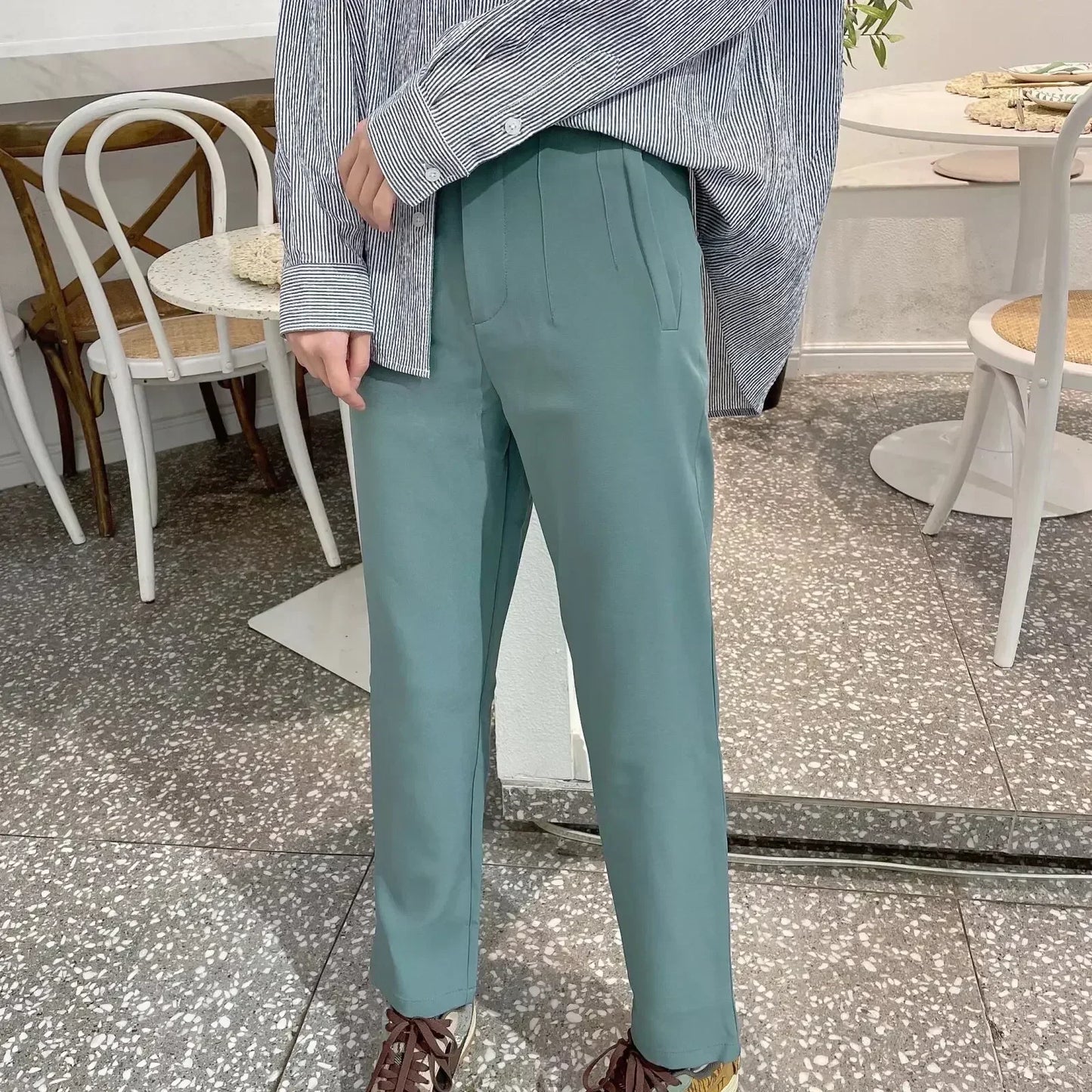 Women's Summer New Chic Fashion Side Pocket Decoration Casual Striped Pants Retro High Rope Zipper Women's Ankle Pants Mujer
