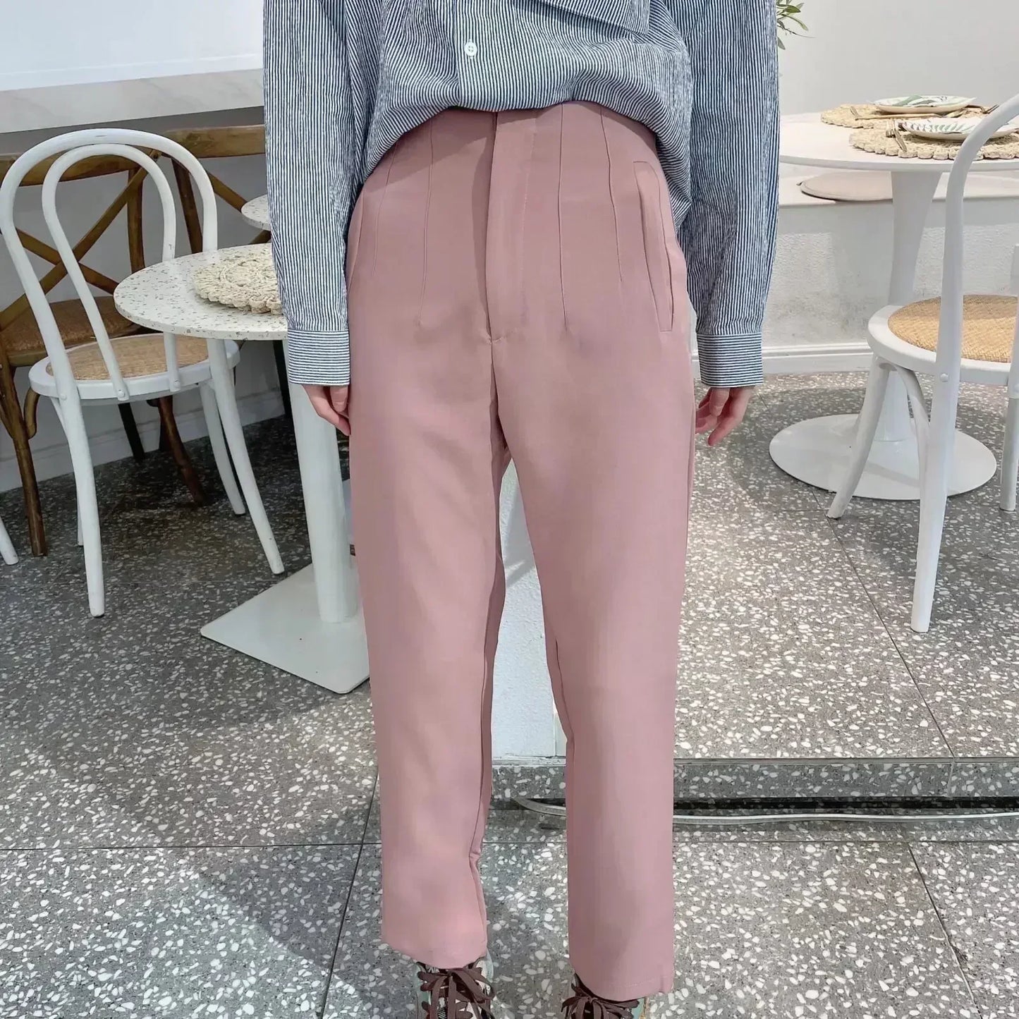 Women's Summer New Chic Fashion Side Pocket Decoration Casual Striped Pants Retro High Rope Zipper Women's Ankle Pants Mujer