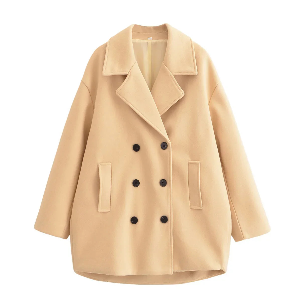 Women's winter fashion loose double breasted warm Lapel woolen coat retro long sleeved side pocket women's coat chic top