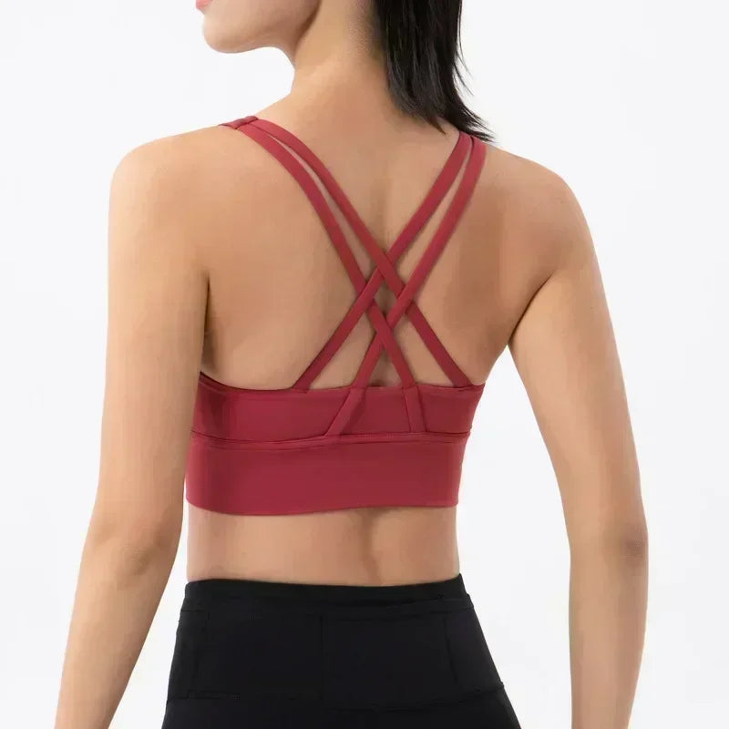 Yoga New Double-sided Sanding Cross Back Sports Bra Shockproof Gathered Yoga Bra Fitness.