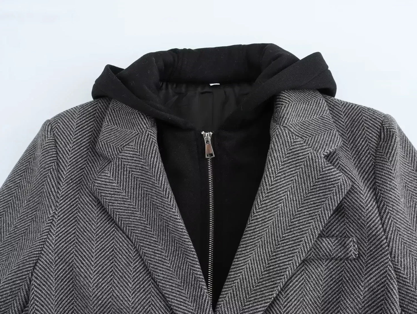 Ladies' new fashion flip design casual hooded patchwork herringbone diagonal suit coat retro long sleeved women's coat chic top