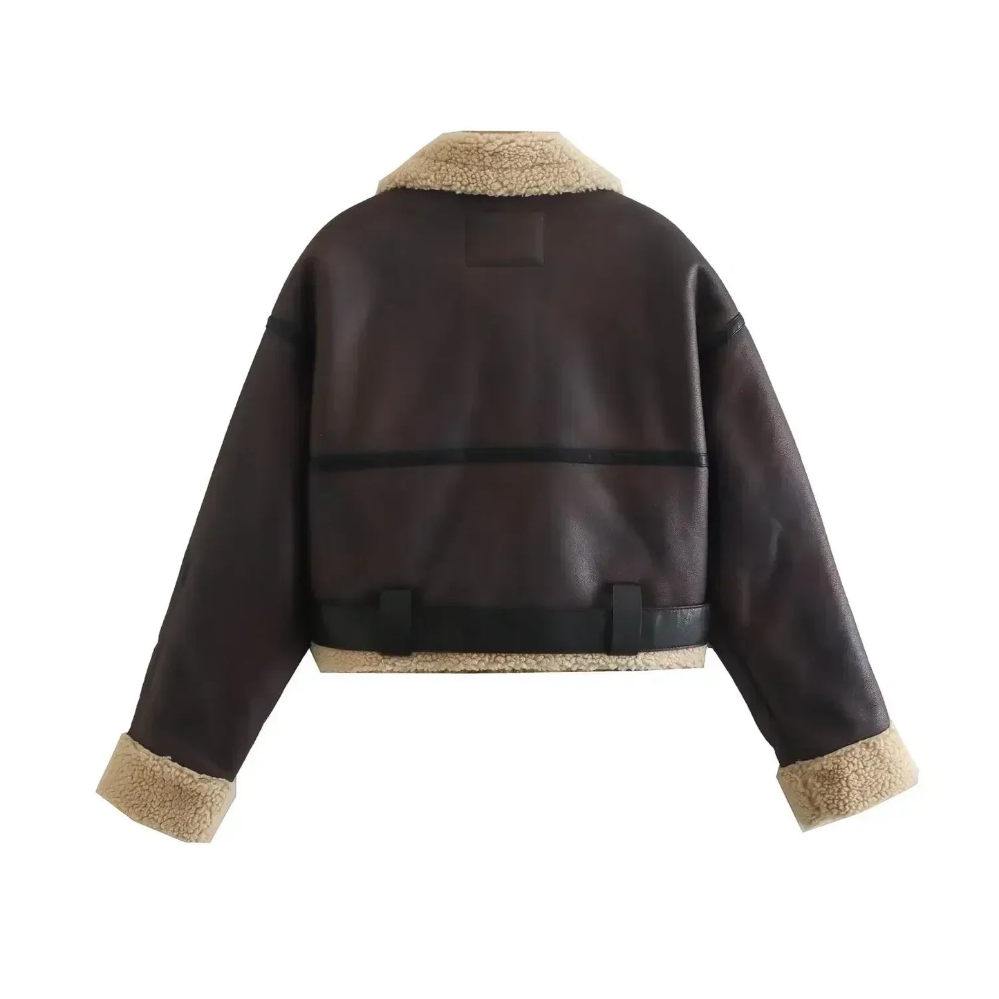 Women's winter New fashion with belt double-sided short Fur Faux Leather jacket retro long sleeved pocket women's Coat chic top