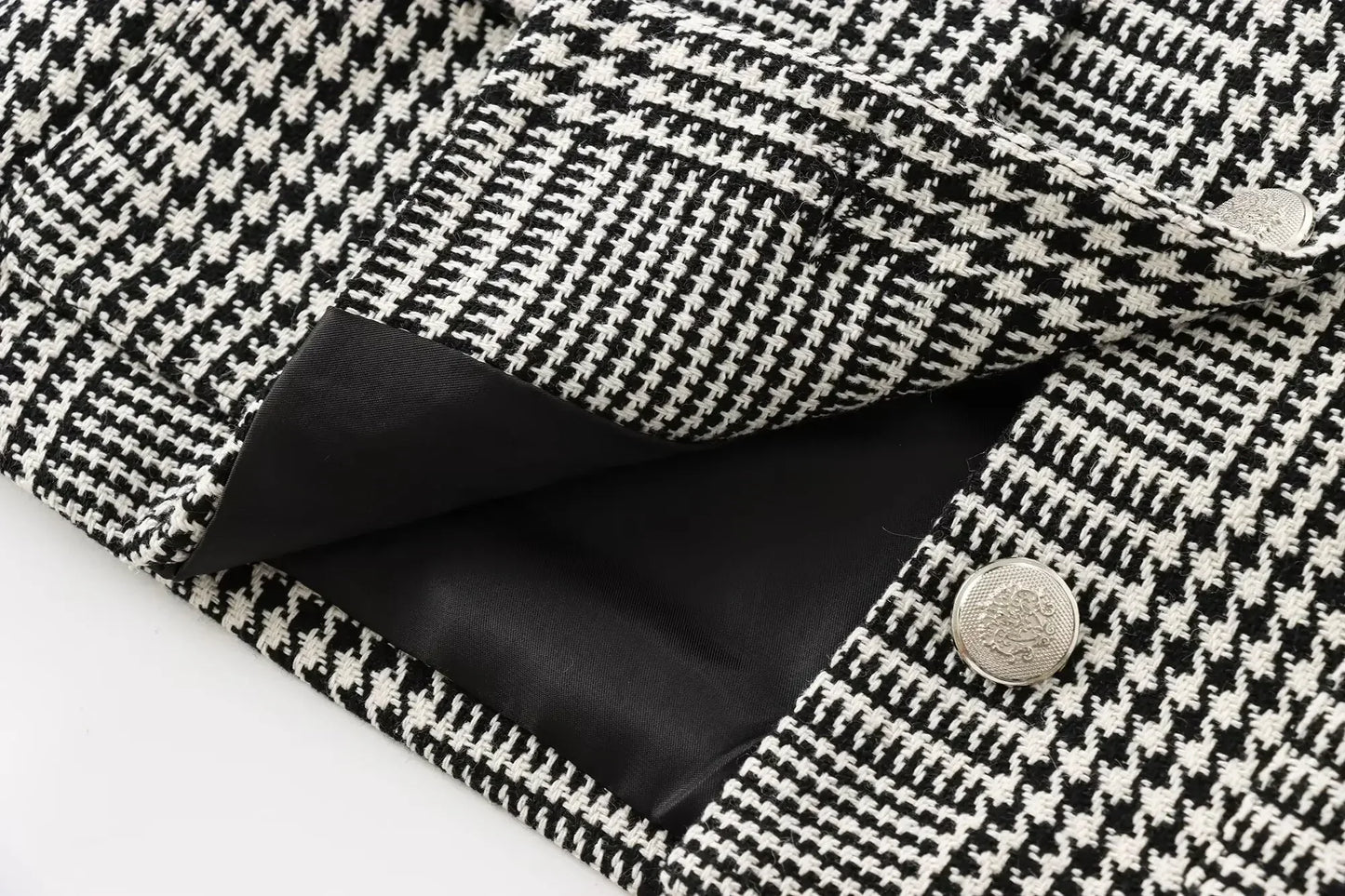 Ladies' new fashion flap pocket decoration slim short O Neck plaid suit Coat retro long sleeved button up women's Coat chic top