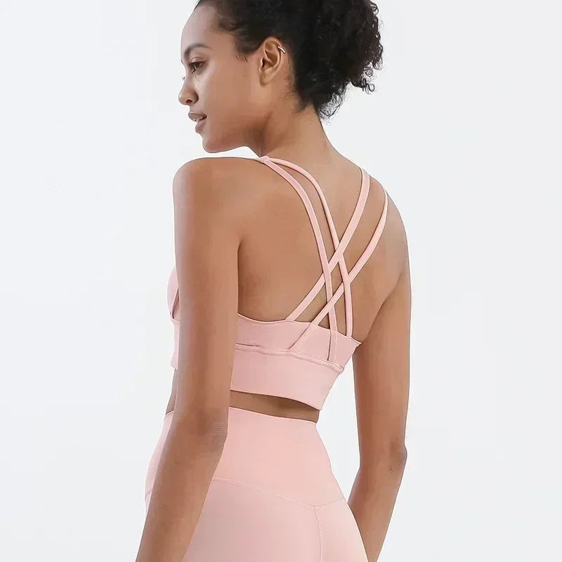 Yoga New Double-sided Sanding Cross Back Sports Bra Shockproof Gathered Yoga Bra Fitness.