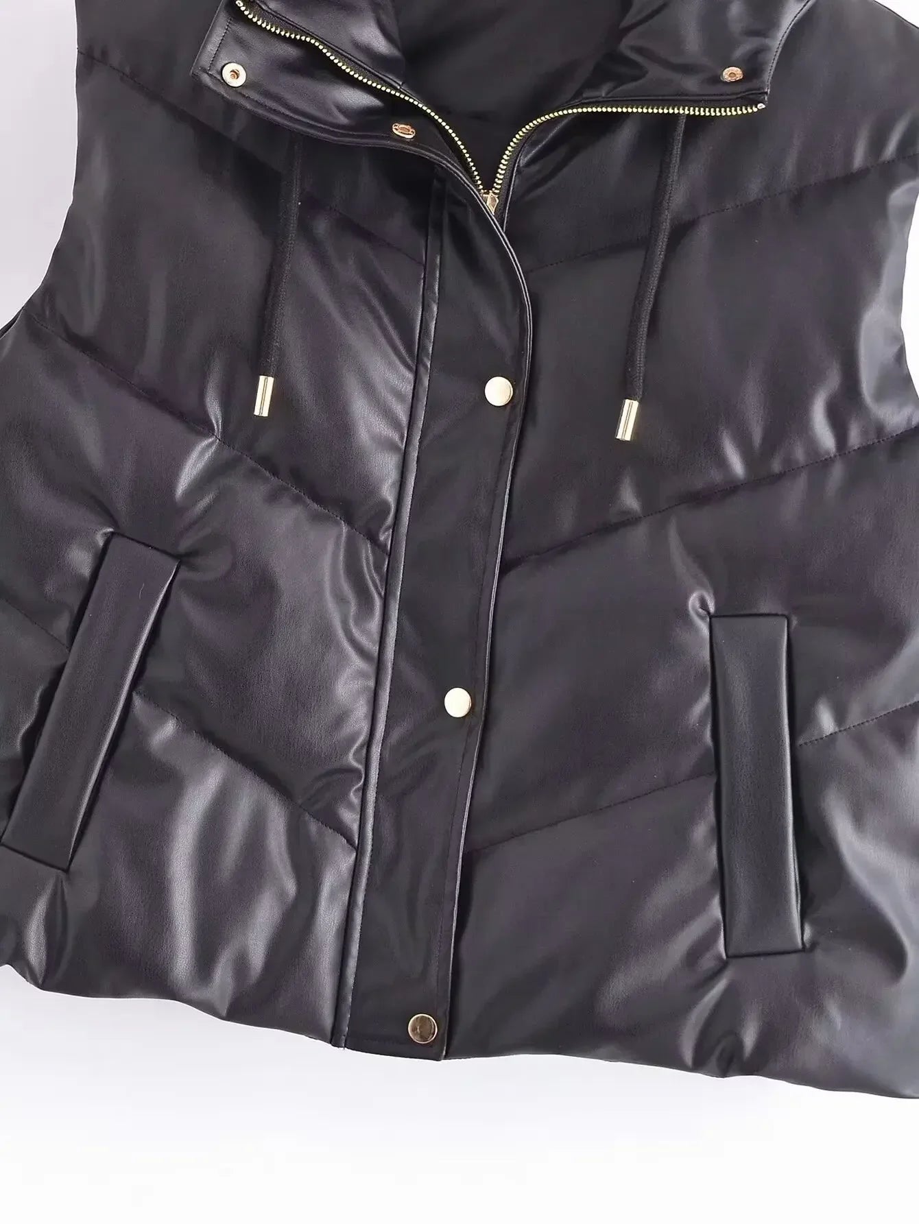 Women's new fashion side pocket casual black faux leather hooded Cotton vest retro sleeveless button up women's vest chic top