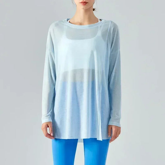 LU Women's New One-sided Split Long-sleeved Yoga Blouses Women's Summer Light Sports Tops Loose Running Fitness Clothes