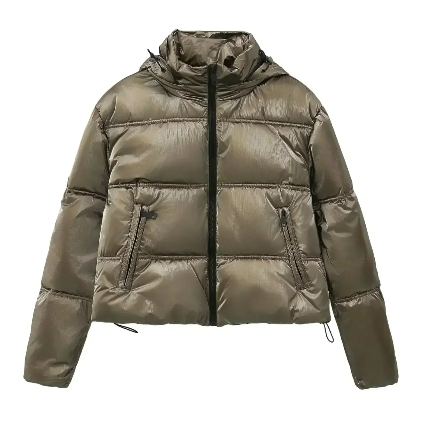 Women 2023 Winter Fashion Metal series Cropped Solid Warm Cotton Coat Vintage Long Sleeve Zipper Female Outerwear Chic Tops