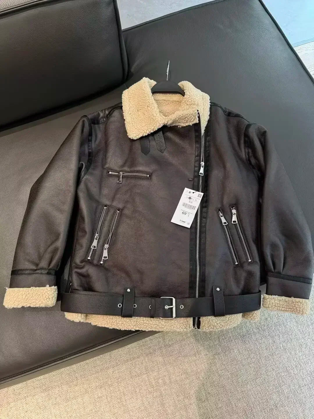 Women's New Fashion Double Zipper Pocket Design Loose Fur Artificial Leather Jacket Coat Retro Long Sleeve Women's Coat Chic Top