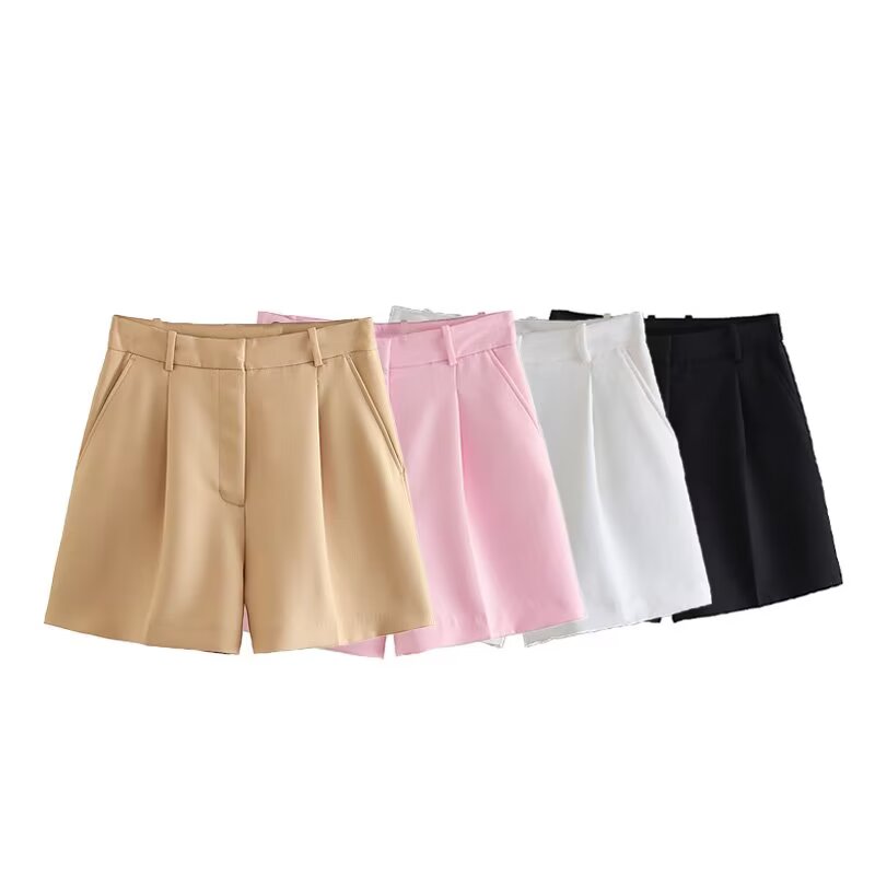 Ladies' new fashion pleated design casual side pocket high waisted shorts