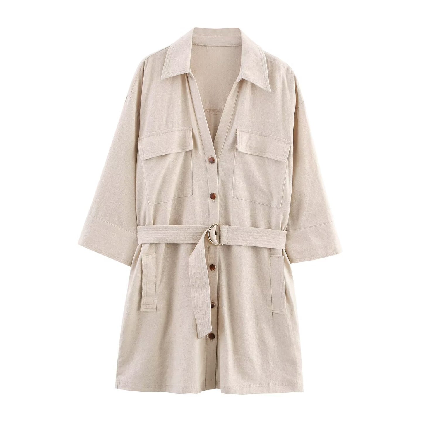 Women's New Chic Fashion With Belt Linen Blended Mini Dress Retro Short Sleeve Button up Women's Dress