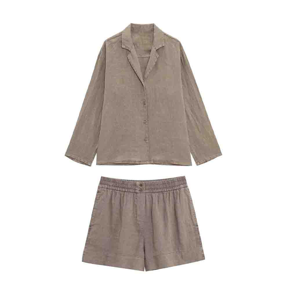 Women's new fashion casual Button-up shirt long sleeved linen blend shirt+Shorts Women's suit