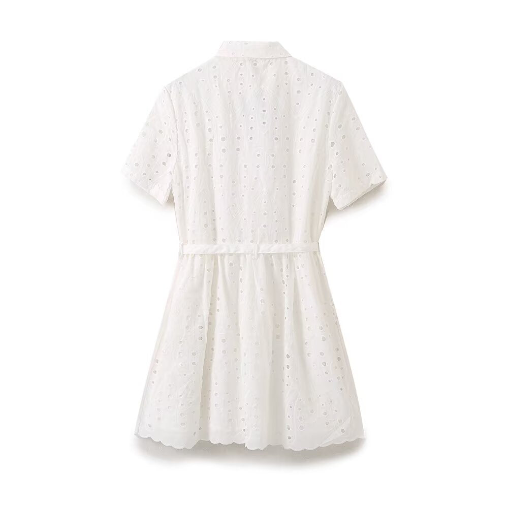 Ladies' New Fashion With Belt Short sleeved Single breasted Hollow Embroidered Mini Dress