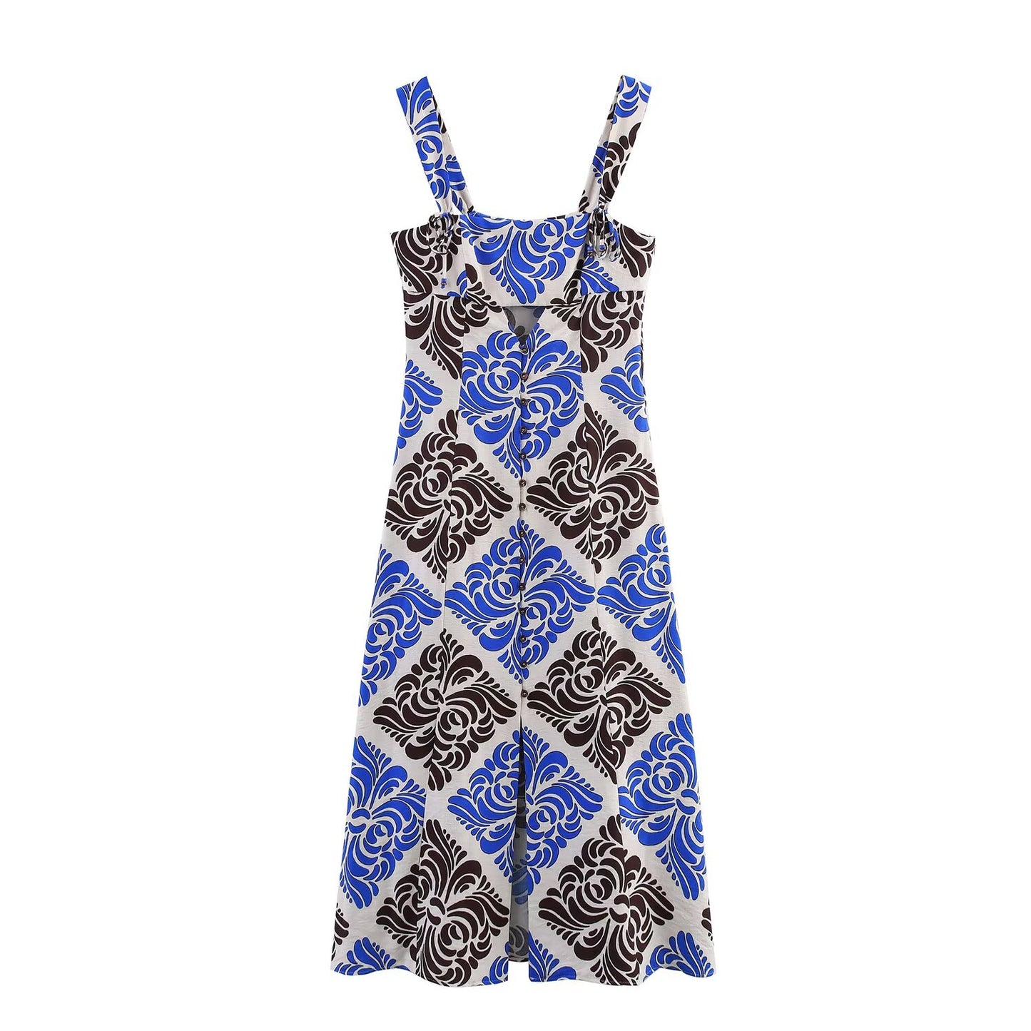 Women's' New Fashion Open Design Printed Wide Shoulder Strap Midi Dress