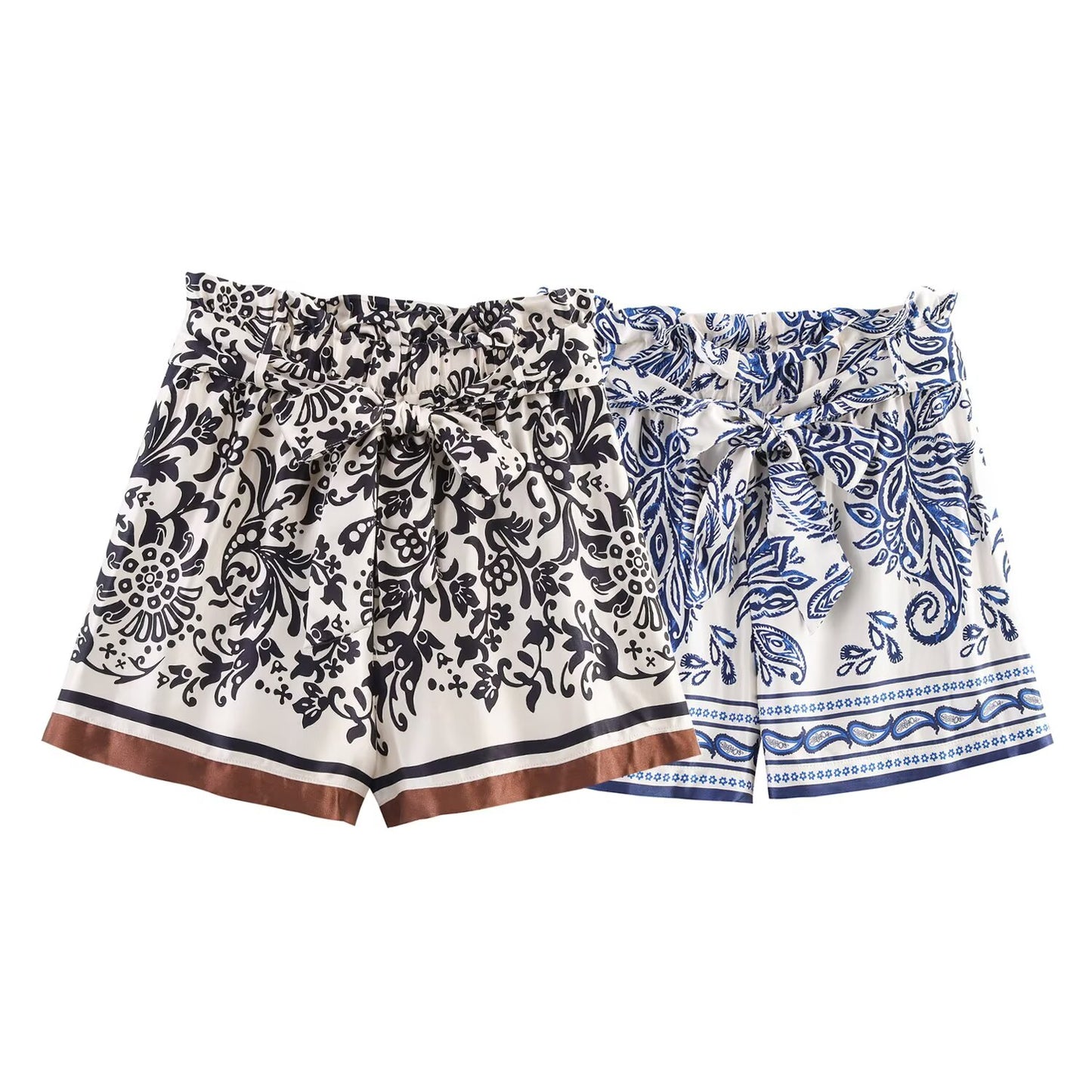 Women's New With Belt Satin Texture paper bag style printed shorts
