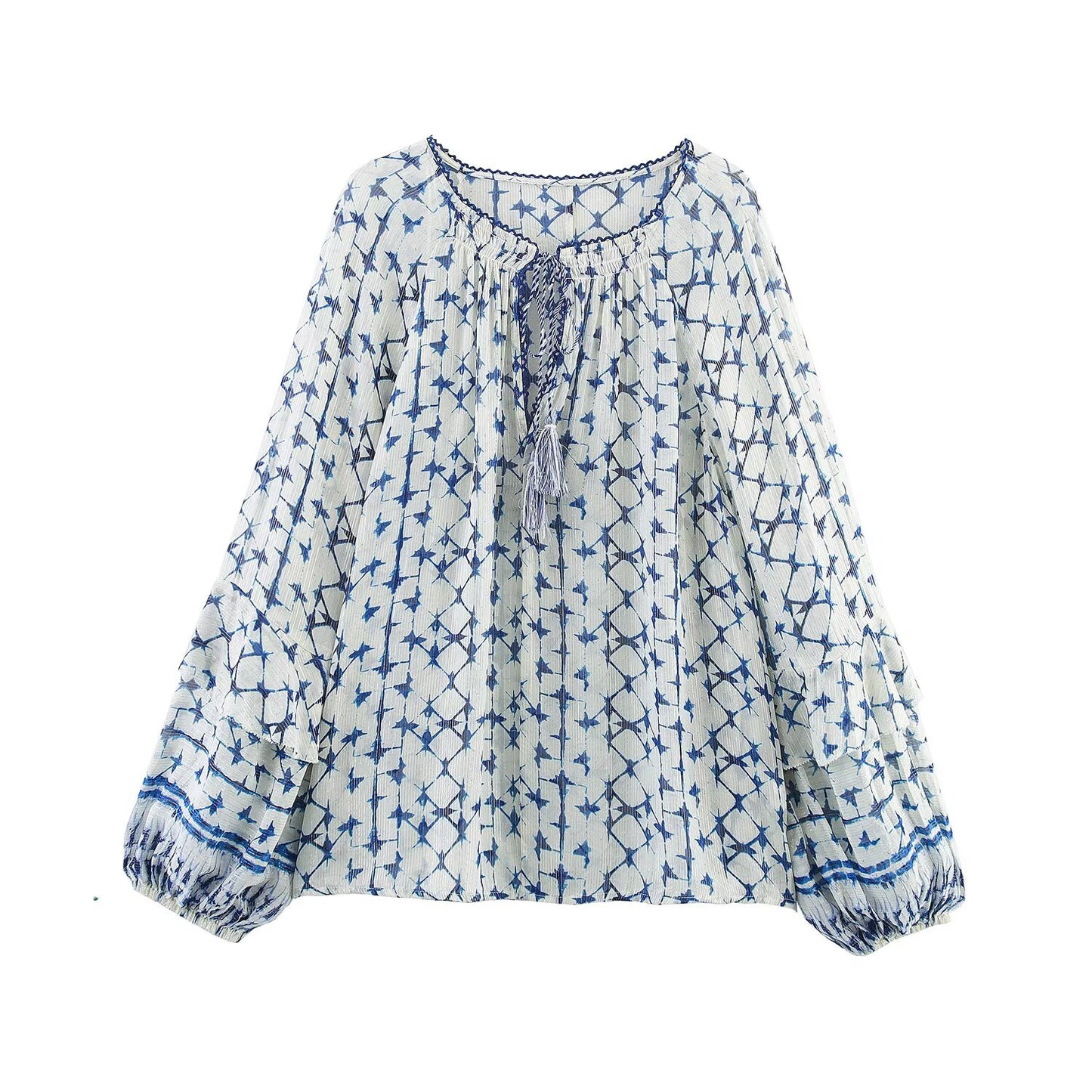 Women's' New Fashion lace up decoration loose long sleeved printed shirt