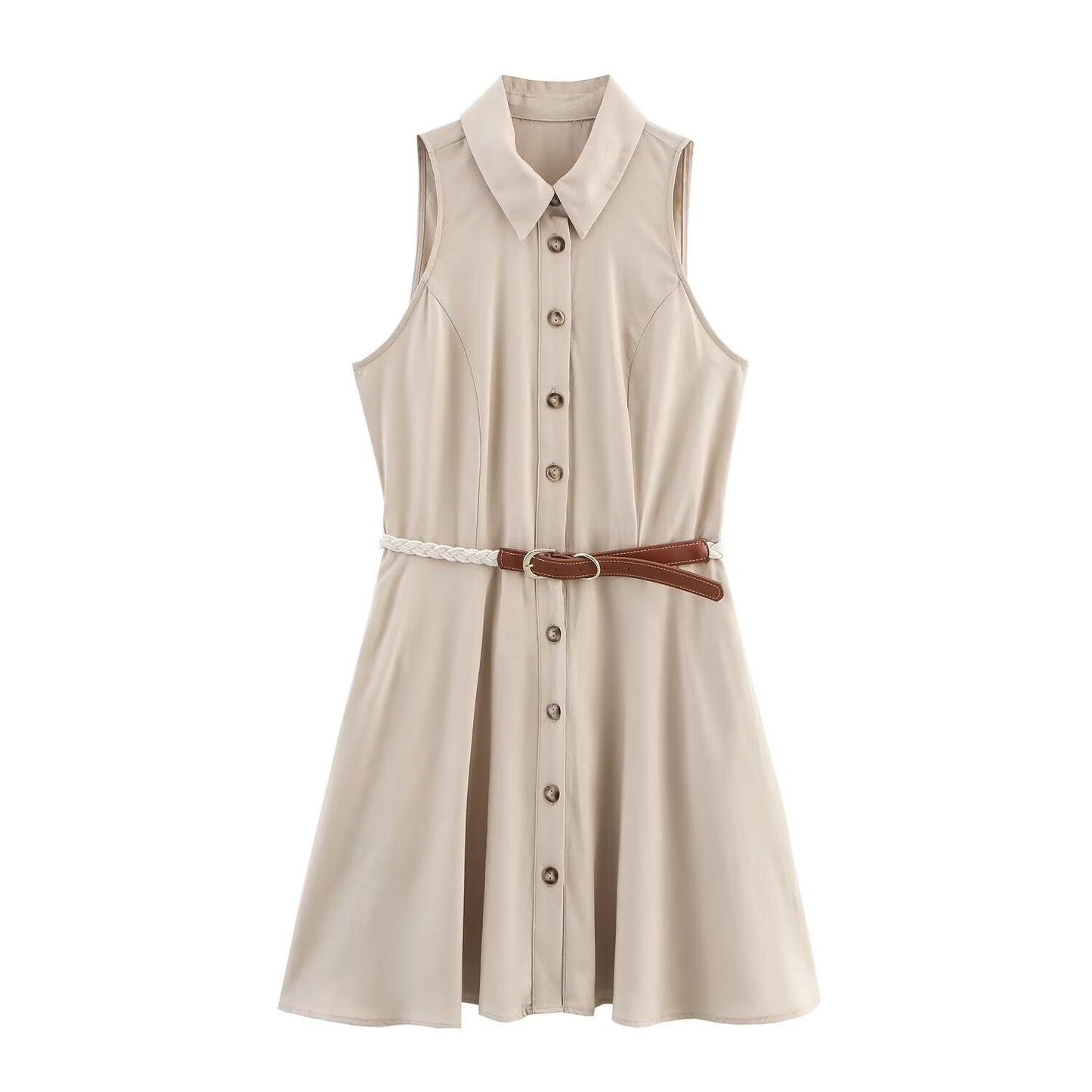 Women's' New Fashion With Belt Sleeveless Single breasted Linen Blended Mini Dress
