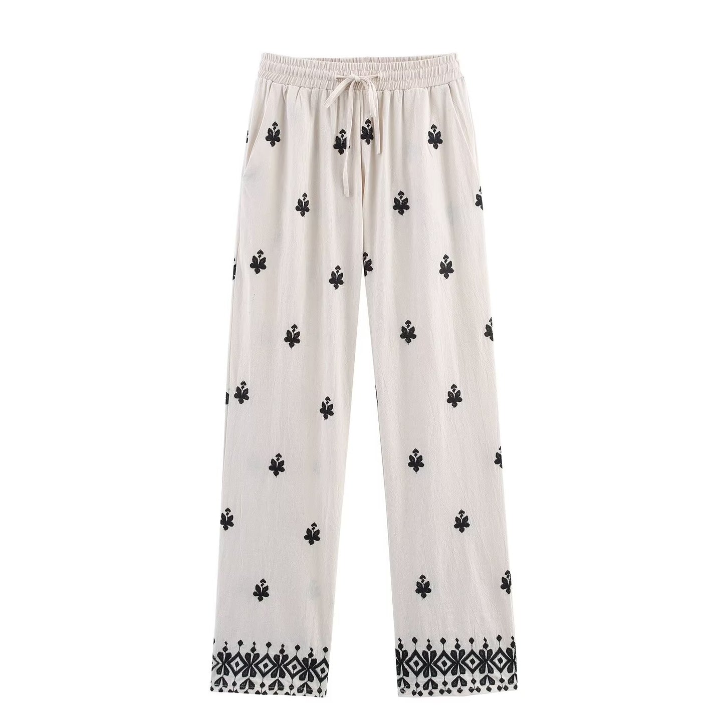 Ladies' New Fashion Drawstring Waist Loose Side Pocket Casual Embroidered Wide Leg Pants