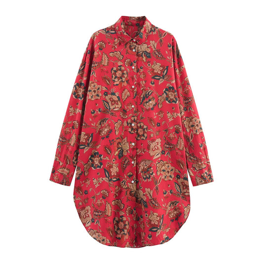 2025 Women's Fashion Loose Long Style Printed Poplin Shirt