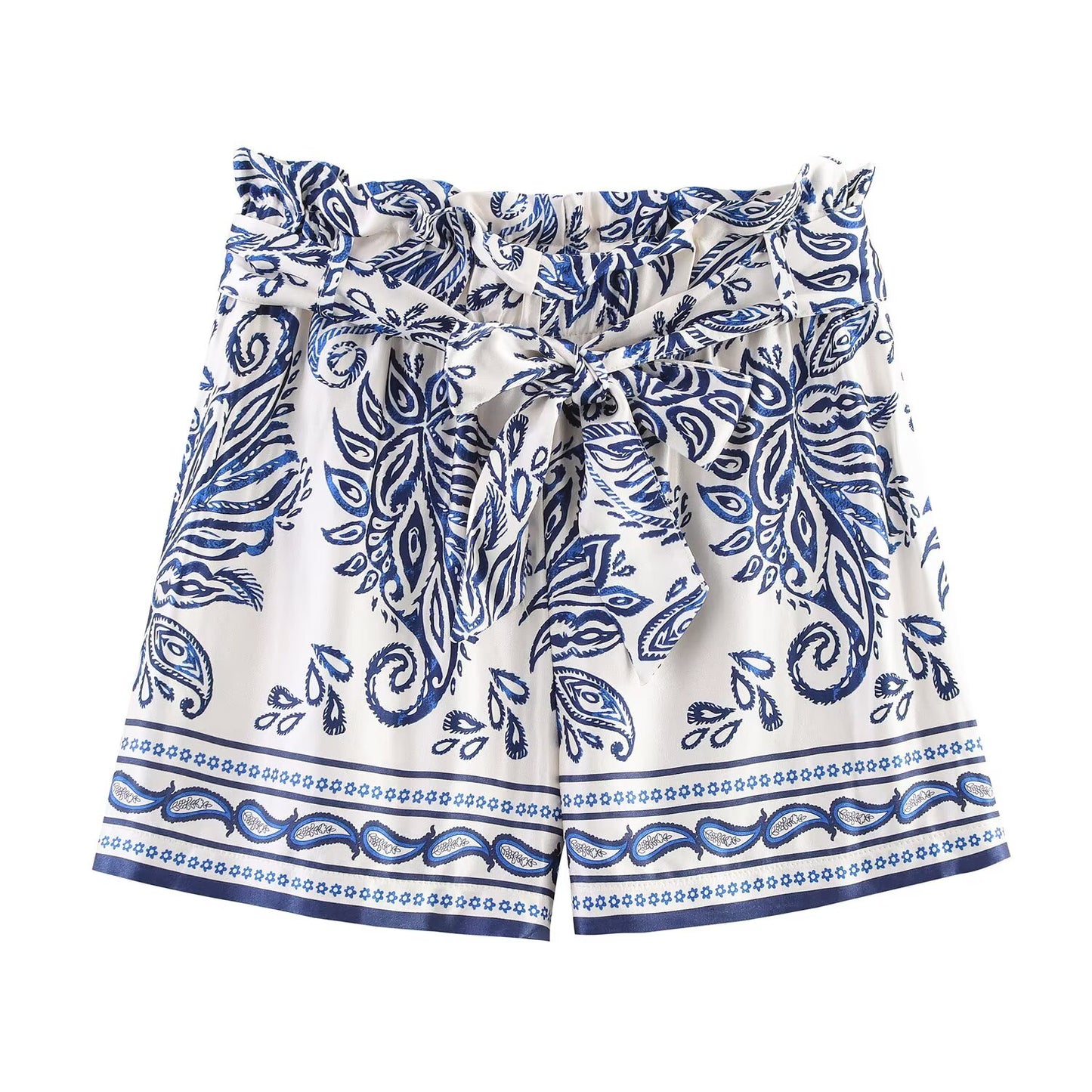 Women's New With Belt Satin Texture paper bag style printed shorts
