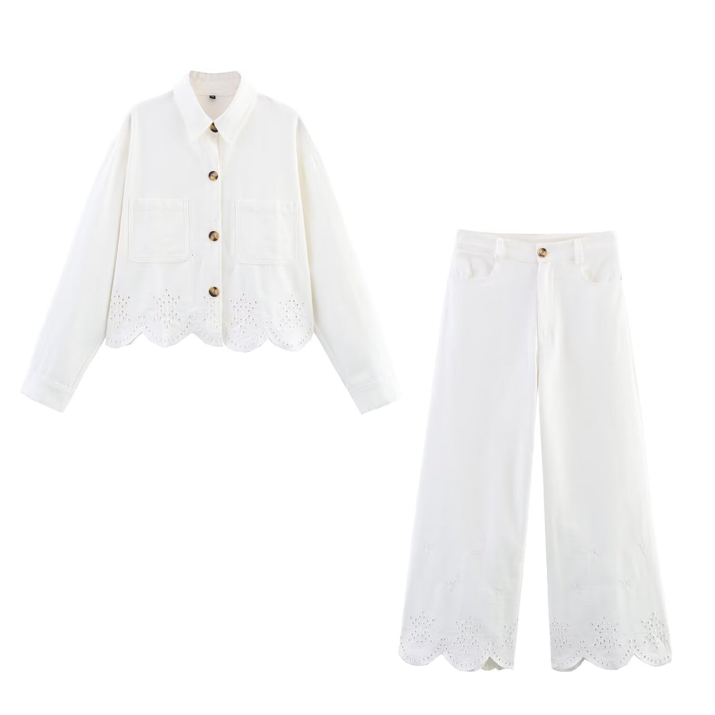 Ladies' New Fashion Casual Single breasted Hollow Embroidered Shirt Coat+Pants Women's Suit