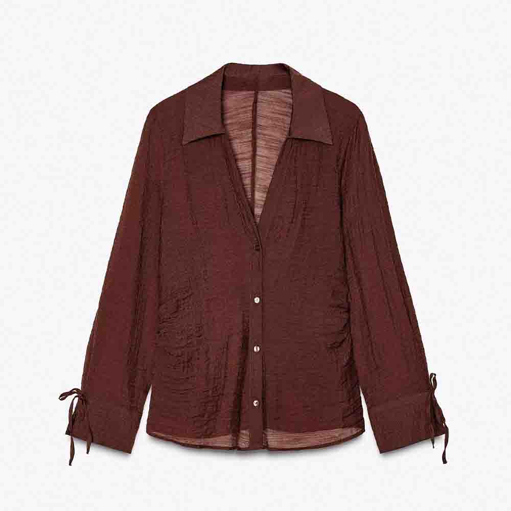 Women's new fashion wrinkle effect slim single breasted long sleeved shirt