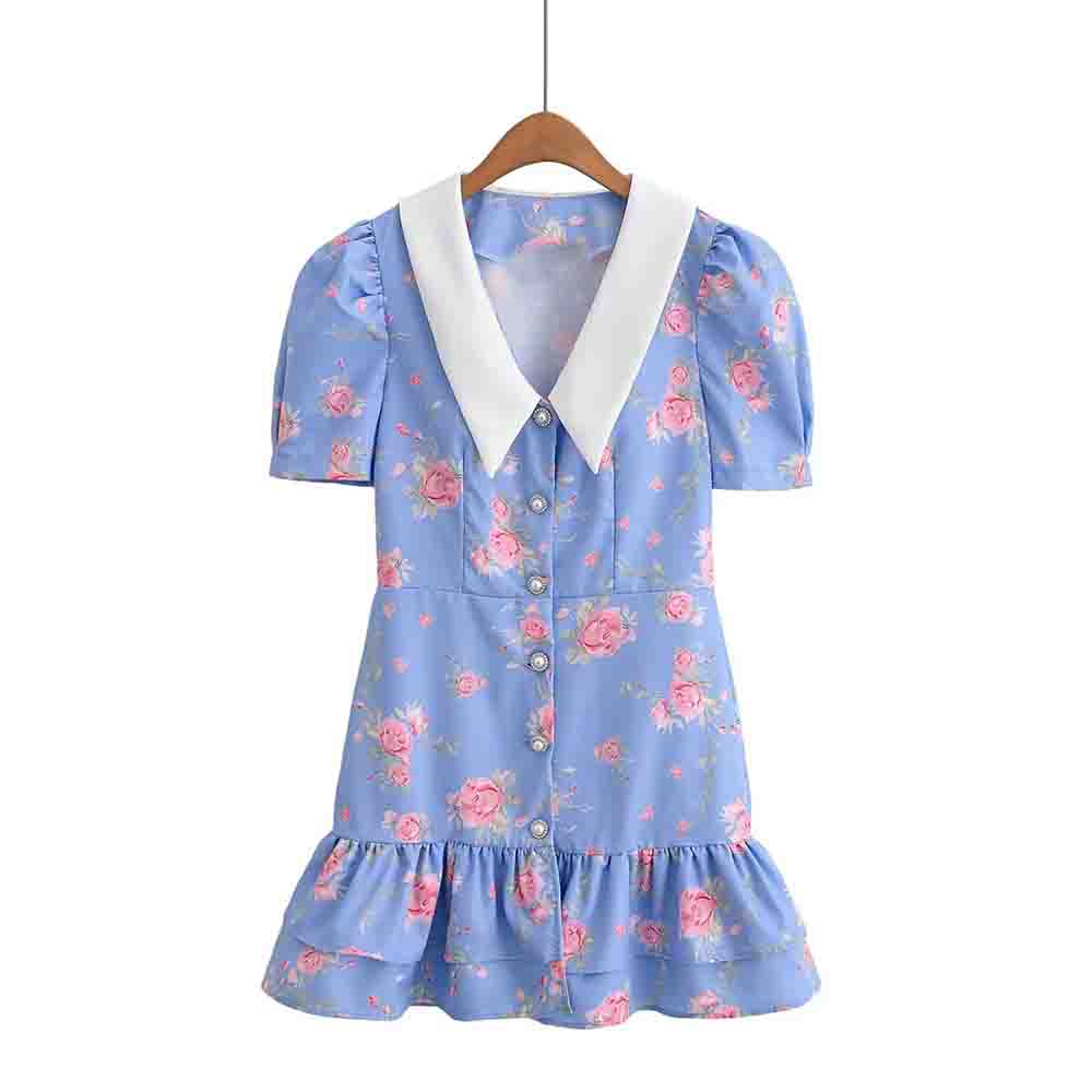 Women's Sweet Fashion Bubble Short Sleeve Flower Printed Mini Dress
