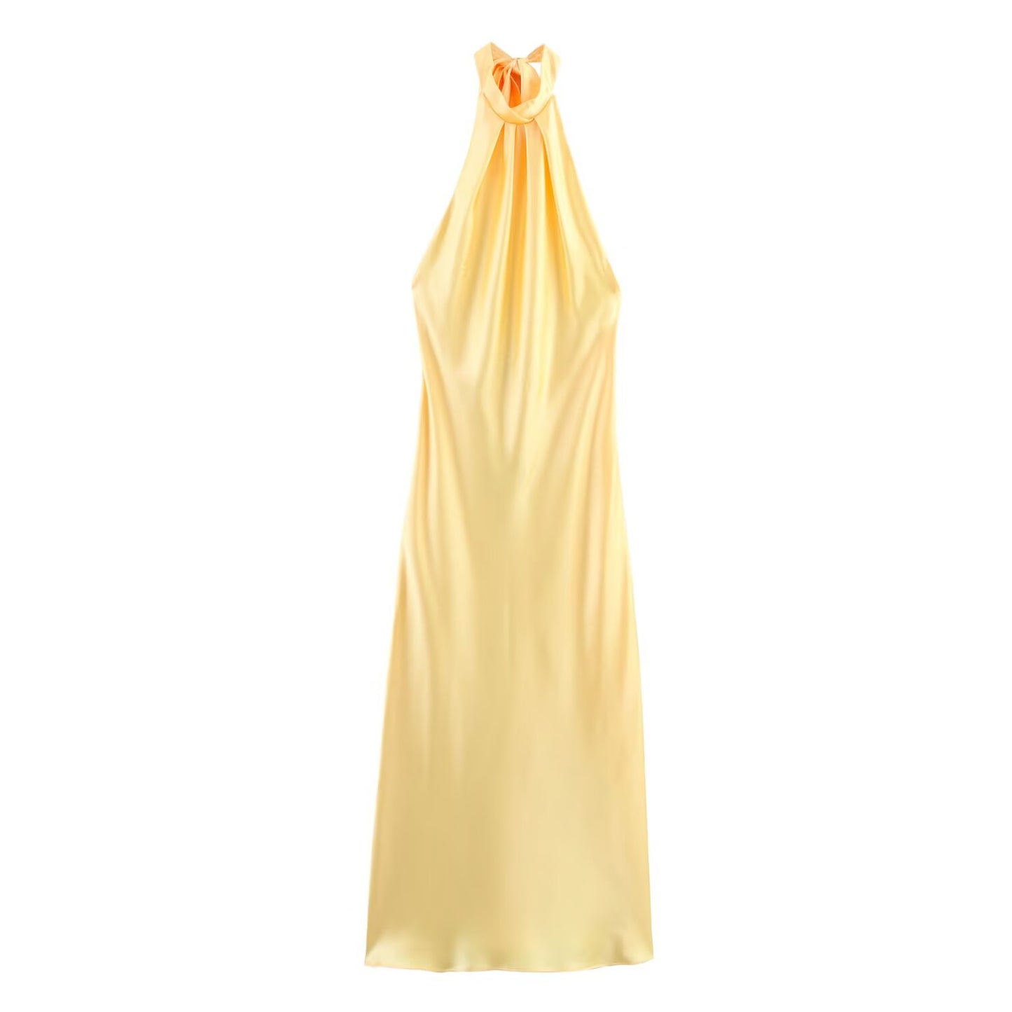 Women's new fashion backless satin texture hanging neck MIDI dress
